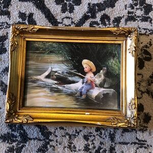 Adorable vintage Victorian style gold ornate framed fishing boy print artwork